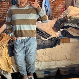 Striped Crewneck Sweater in Light Blue and Brown